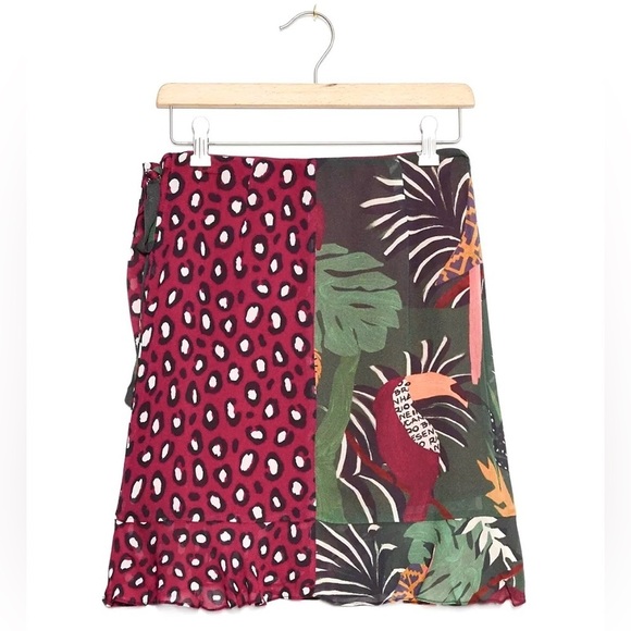 FARM RIO Tropical Jungle Print Colorblock Ruffle Hem Side Tie Wrap Skirt XS - Picture 4 of 11